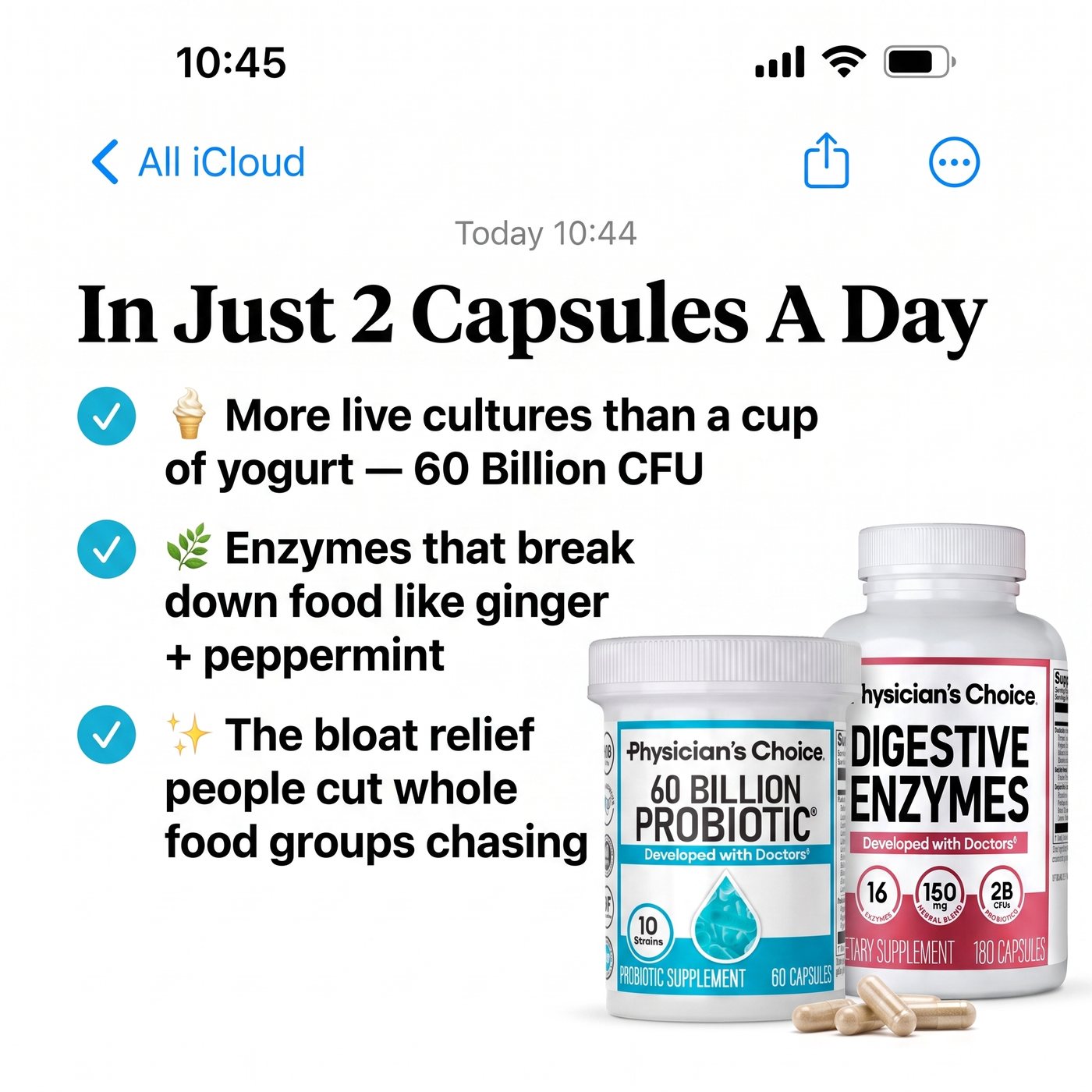 A phone note listing what the two capsules a day routine contains, beside both bottles