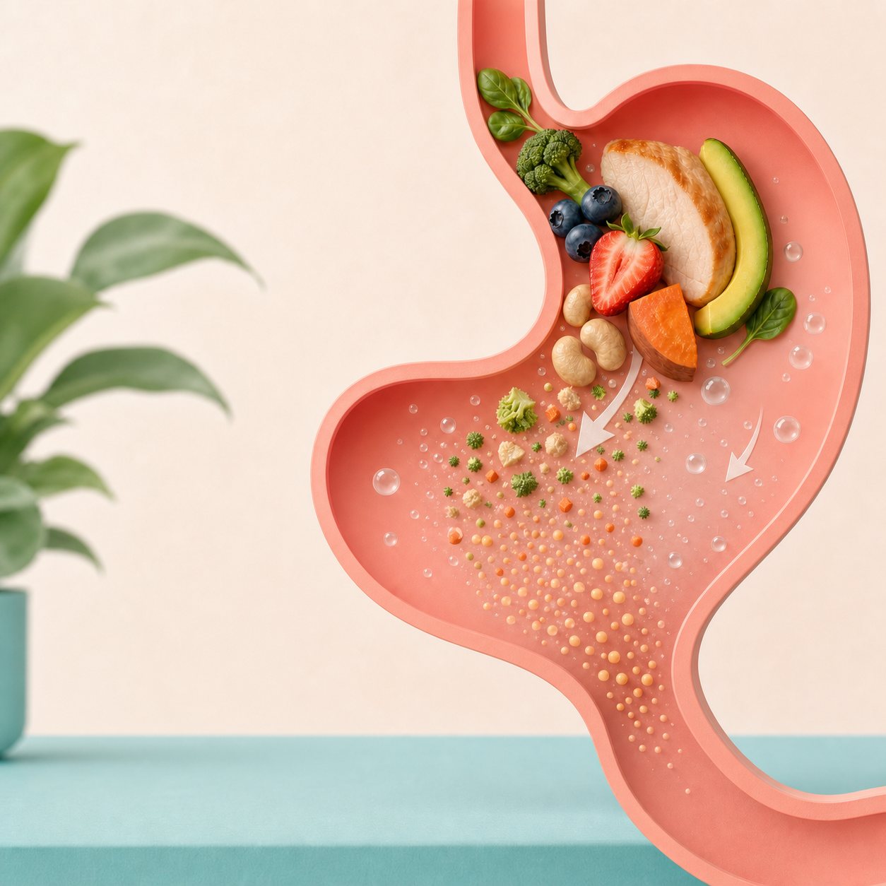 An illustration of a stomach breaking a meal down into small particles