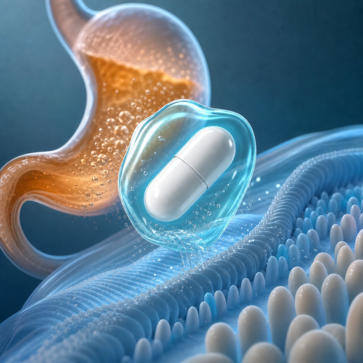 An illustration of a capsule inside a protective shell passing through the gut lining