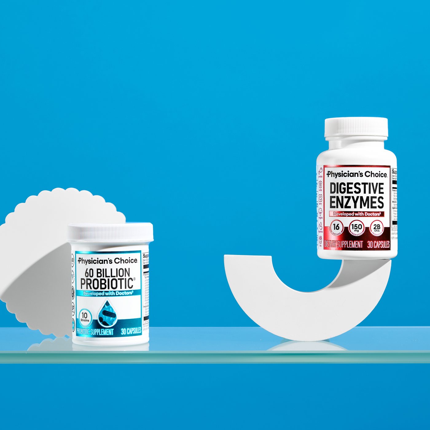 The 60 Billion Probiotic and Digestive Enzymes bottles staged on a clean blue set