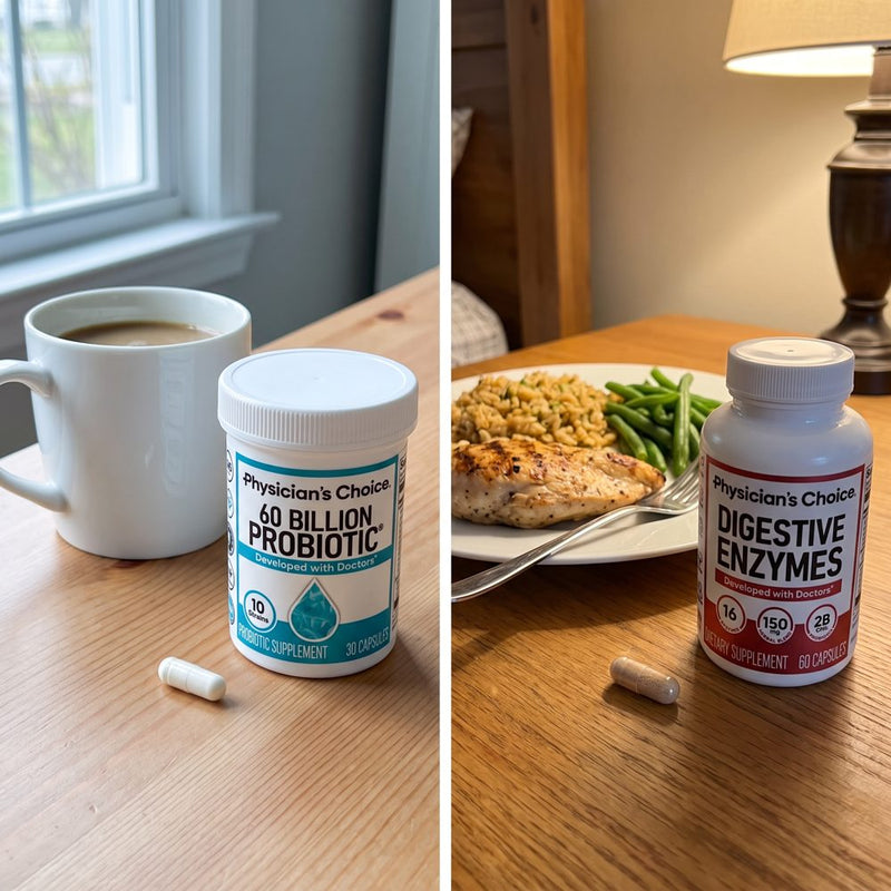 Morning: one probiotic capsule with coffee. Dinner: one enzyme capsule with the meal.