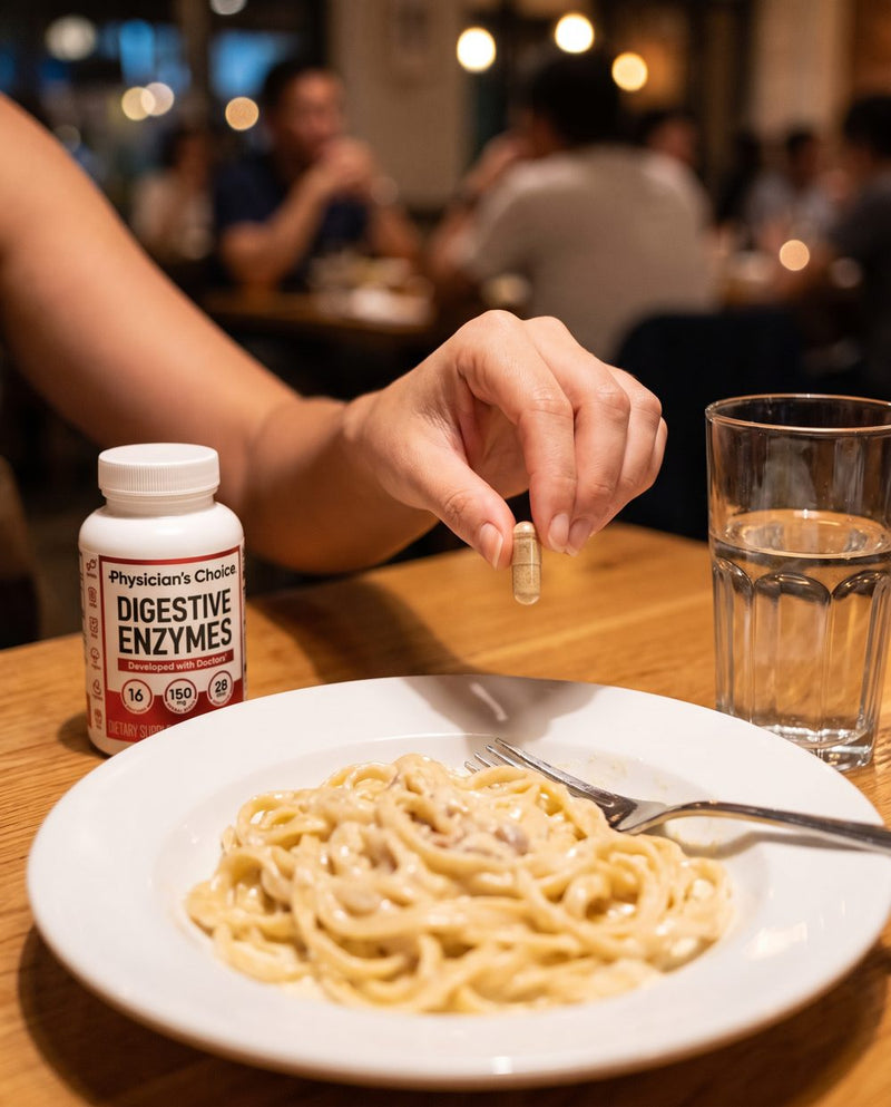 Taking one enzyme capsule with the first bite of a restaurant meal