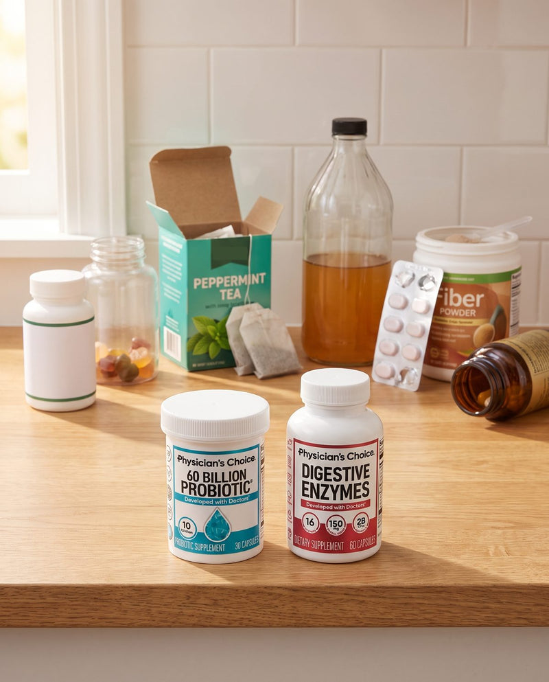 Half-used remedies on a kitchen counter, with the two Physician's Choice bottles in front