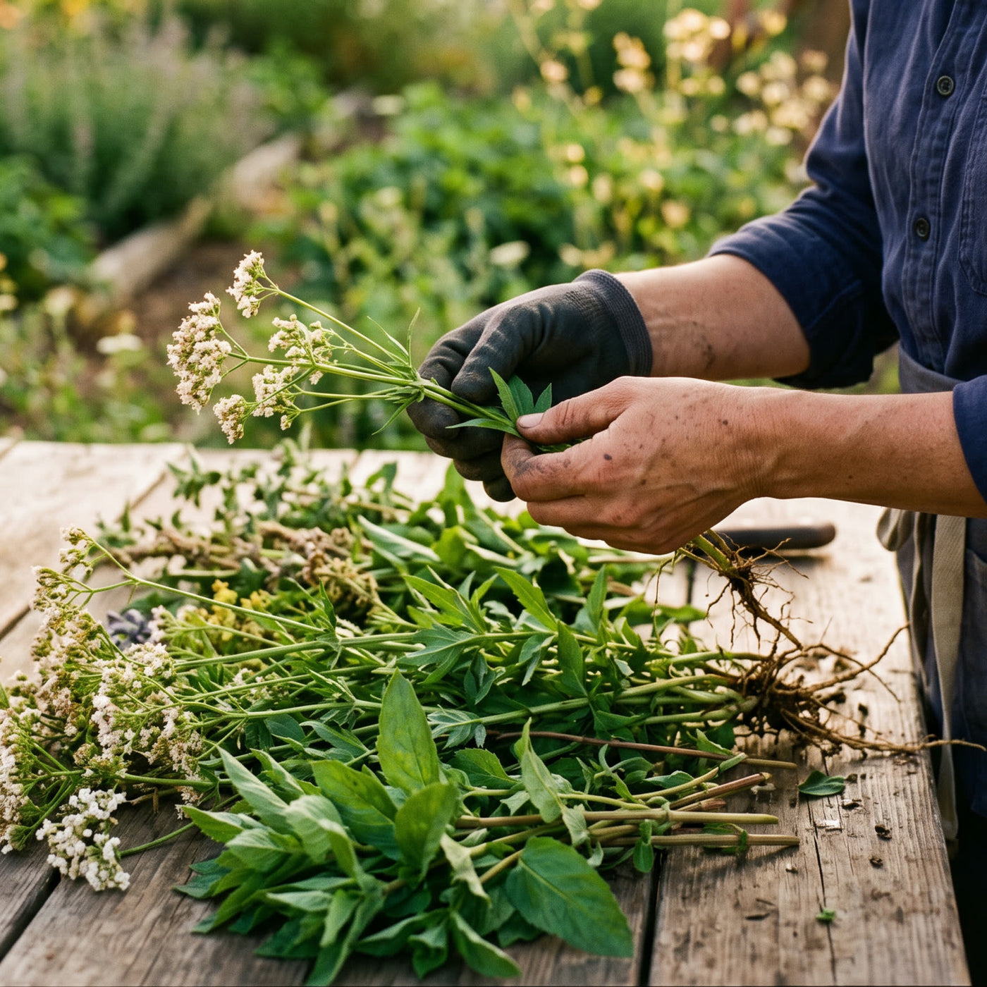Hands sorting freshly harvested botanicals on a workbench