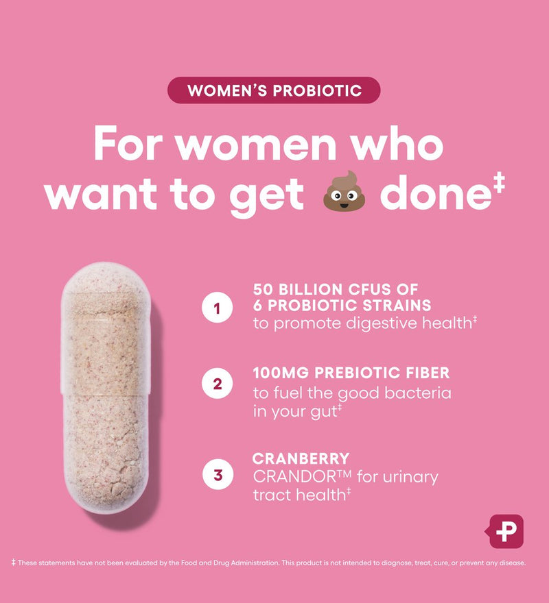 50 billion CFUs of 6 probiotic strains, 100mg prebiotic fiber, CRANDOR cranberry